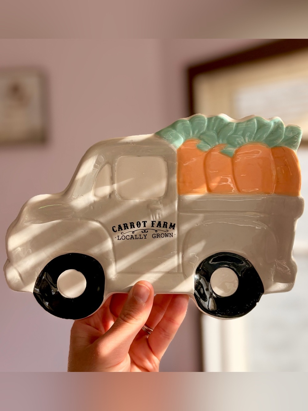 Carrot Farm Ceramic Truck Dish - White with Orange Carrots & Mint Greens